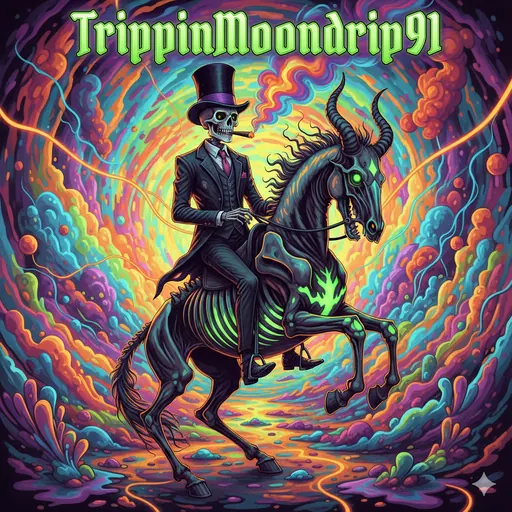Neon Nightmare Ride: A top-hatted rider on a rearing demon horse, wrapped in electric color.